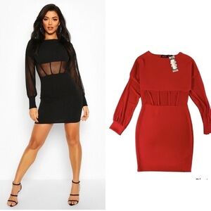 BOOHOO RED BODYCON DRESS WITH MESH SLEEVES & PANEL Sz 8
